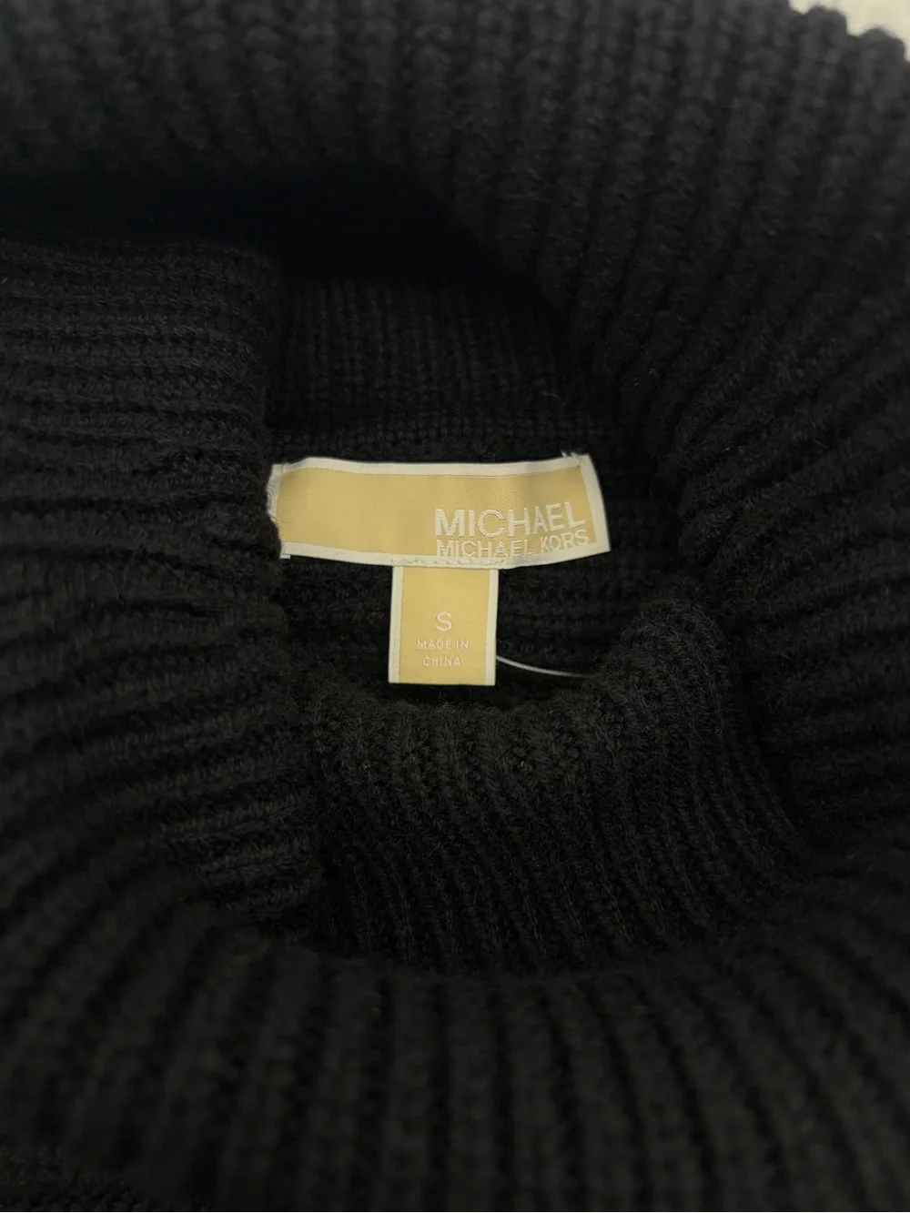 Michael Kors Black Ribbed Turtleneck Sweater with Fringe Hem